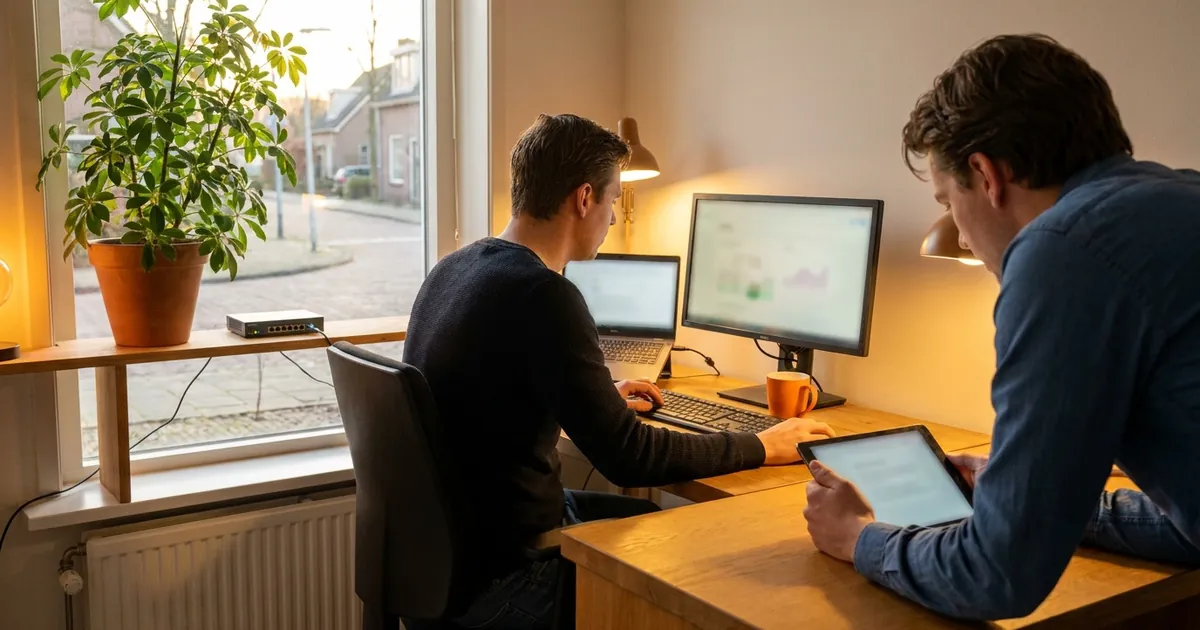Twee mensen werken aan een website op laptop, scherm en tablet in een klein kantoor
