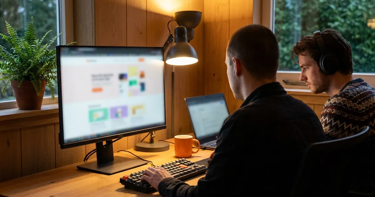Iemand bedient een website met het toetsenbord in een kantoor met houten wanden