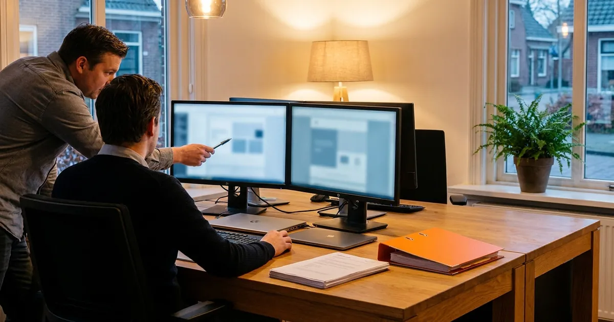 Twee mensen bespreken een websiteontwerp aan een bureau met twee schermen